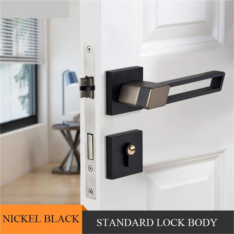 Door Handles Pair With Lock, Thickened Panel Interior Hardware, black zinc alloy handles on white door, modern style