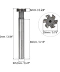 Go To T Slot Milling Cutter 20mm Diameter, 6mm Depth, 12mm Shank, Tungsten Carbide Tip, 6 Flutes, side and top view