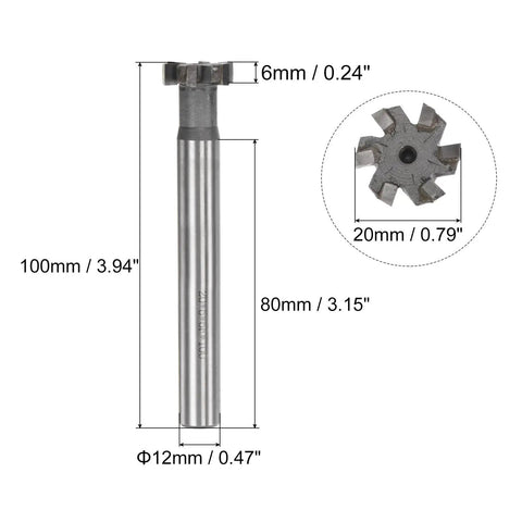 Go To T Slot Milling Cutter 20mm Diameter, 6mm Depth, 12mm Shank, Tungsten Carbide Tip, 6 Flutes, side and top view