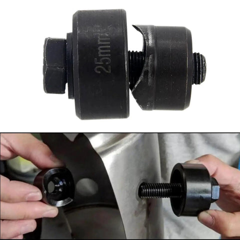 Pro Grade Metal Sheet Knockout Box Hole Cutter Die Set 25mm for precise conduit punches in sheet metal, showing front and installed view.