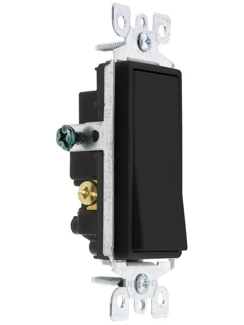 Decora Rocker 3 Way Quiet Switch For 15 Amp 120 To 277 VAC Residential Grade With Grounding And Dust Shield Frame Black