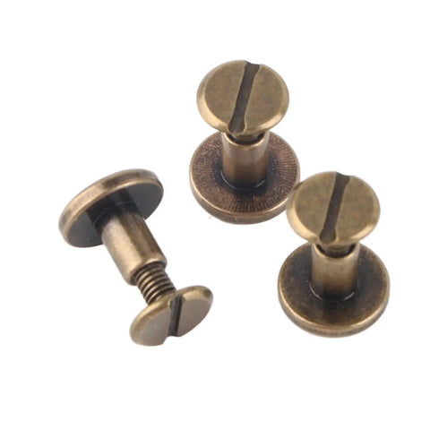 Forty Brass Flat Head Button Studs Feature Screw On Chicago Screws Ideal For Rugged Leather Belt Bag Shoes And Bookbinding Work Gives Badass Grip Quality With Slick Rust Shield Plating Comes In 5 6 5 And 8 Mm Fits, showing three flat head brass screws.