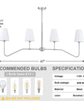 4 Light Linear Kitchen Island Pendant Light Fixture in Brushed Nickel With White Linen Shades, E12 Base, dimensions and specs