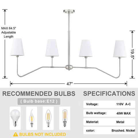 4 Light Linear Kitchen Island Pendant Light Fixture in Brushed Nickel With White Linen Shades, E12 Base, dimensions and specs