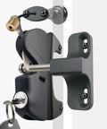 Rock Solid Gate Latch With Pull Cable Quick Release Two Sided Lockable Exterior Door Fixture For Wood Vinyl Or Steel Fences Smooth Outdoor Barn Entry Hardware In Matte Black close-up of key lock mechanism.
