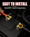 Heavy Duty 2AWG Battery Power Cables Set With Pure Copper Lugs And Connector Clamps For 12V 24V Cars Trucks Boats RV Plus Straight Up Reliable Electrical Hookup Everyday, showing quick connection to battery with copper lugs.