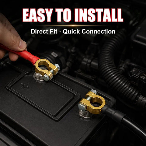 Heavy Duty 2AWG Battery Power Cables Set With Pure Copper Lugs And Connector Clamps For 12V 24V Cars Trucks Boats RV Plus Straight Up Reliable Electrical Hookup Everyday, showing quick connection to battery with copper lugs.