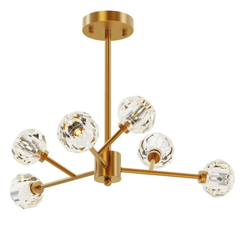 Brass Sputnik Crystal Ball Ceiling Light, Semi Flush Mount, Adjustable Rod 6 To 54 Inches, 22 Inch Diameter, Polished Gold Finish