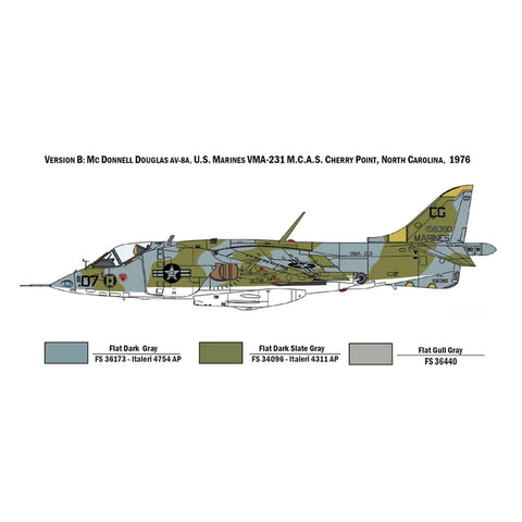 Side view of 1:72 AV8A Harrier Model Kit Unbuilt Plastic Aircraft with detailed twin-engine jet and bubble cockpit