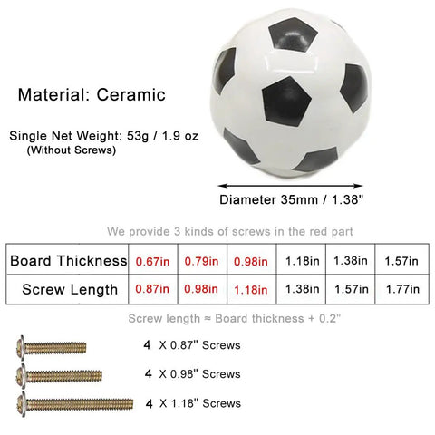 Solid Ceramic Soccer Knobs Four Pack Football Drawer Handles For Kids Bedroom And Man Cave Sports Decor Dresser Cabinet Pulls Easy Install Badass Home Gear with detailed measurements and screws.