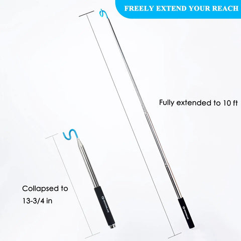 Telescoping Pickup Tool With Magnetic Hook and S Shaped Grabber Pole, Extends From 13.75 Inches To 10 Feet, Lightweight Stainless Steel Reacher For Reaching Above Ceilings And Hard To Reach Places, Grabbing And Guiding Items