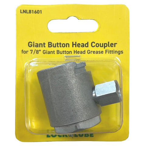 Heavy Duty Giant Button Head Grease Coupler For Seven Eighths Inch Button Head Fittings, 4000 PSI Max, 3000 PSI Working, One Eighth NPT Connection, Built For High Volume Greasing, Silver in packaging.
