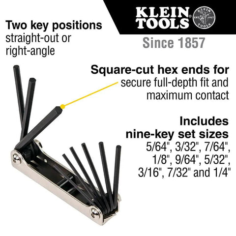 Pro Grade Nine Key Folding Hex Key Set In SAE Sizes With Two Positions For Leverage Square Cut Ends shown extended at angles.