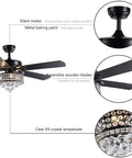52 Inch Crystal Chandelier Ceiling Fan With Dope Matte Black Finish And Silky Smooth Reversible Blades Featuring A Chill Whisper Quiet Motor Plus Wireless Remote For Bedroom Or Living Room Vibes with K9 crystal lampshade and silent motor.