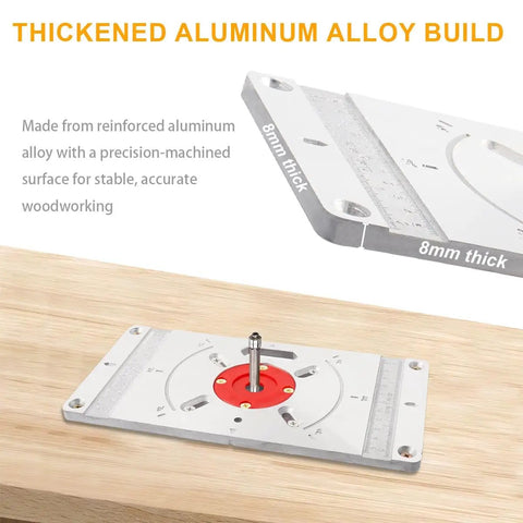 Rock Solid Workhorse Aluminum Router Table Insert Flip Plate With Four Bold Red Center Rings And Precision Mounting Kit For Tight Woodworking Bench Setup on wooden surface showing 8mm thick aluminum alloy build.