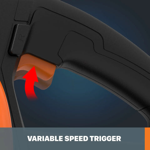 Close-up of Nitro 20V Cordless Drain Auger handle showing variable speed trigger, clears clogs in toilets, sinks, bathtubs, downspouts.
