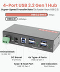 Built Like A Tank 4 Port USB 3.2 Gen 1 Industrial Metal Hub with ports and power connectors on display.