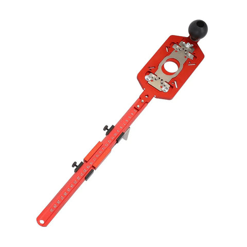 Kickass Pro Grade Multi Functional Router Circular Cutting Template with red aluminum body and dual measurement scales for precision woodworking.