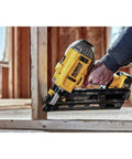 DEWALT 20V MAX XR framing nailer side view with battery.