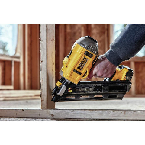 DEWALT 20V MAX XR framing nailer side view with battery.