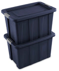 Eight Pack Heavy Duty Storage Bins With Secure Snap Lids Rock Solid Plastic Totes stacked dark indigo 30-gallon bins with snap lids.