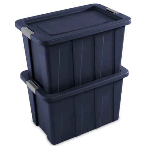 Eight Pack Heavy Duty Storage Bins With Secure Snap Lids Rock Solid Plastic Totes stacked dark indigo 30-gallon bins with snap lids.