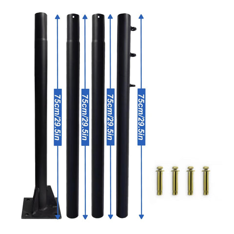 Four black segments of Heavy Duty Shade Sail Poles 9.4Ft Outdoor Sun Shade Pole Kit Steel Rust Resistant Support with bolts.