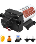 RV Fresh Water Pump 12V DC Self Priming Pressure Booster Pump 5.0 GPM 55 PSI with accessories on white background