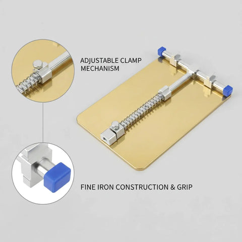 Gold Iron PCB Clamp For Electronics Repair And Soldering with adjustable mechanism, visible gold iron base and blue grips