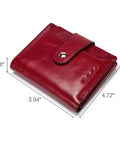 Women Leather Wallet RFID Blocking Small Bifold Zipper Pocket Card Case Purse With ID Window Red, showing dimensions