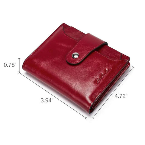 Women Leather Wallet RFID Blocking Small Bifold Zipper Pocket Card Case Purse With ID Window Red, showing dimensions