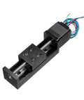 Built Tough T Type Linear Actuator Slide Table Powered By A Nema11 Motor, rugged black aluminum drive with wires, designed for automation.