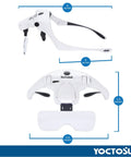 Rechargeable LED Headband Magnifier With Four Bright Lights And Five Detachable Lenses From 1X To 3.5X For Crafts Cross Stitch And Hobby Projects Hands Free, shown in side and top views with lens measurements.