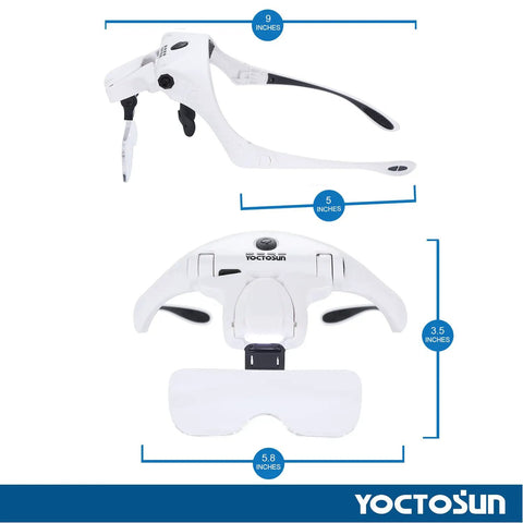 Rechargeable LED Headband Magnifier With Four Bright Lights And Five Detachable Lenses From 1X To 3.5X For Crafts Cross Stitch And Hobby Projects Hands Free, shown in side and top views with lens measurements.
