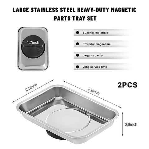 Heavy Duty Magnetic Tray Set For Tools And Fasteners, Stainless Steel Magnetic Trays, 3.6 by 2.5 inch, parts organizer, 2 pieces