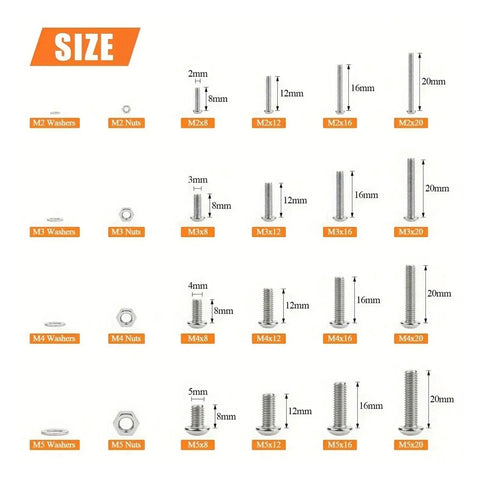 1280 Piece Stainless Steel Hex Socket Cap Head Screws And Nuts Kit M2 To M5, Heavy Duty Boss Grade Anti Loosening Fasteners For Equipment Models Furniture DIY Projects Assembly And Hobby Builds, size chart