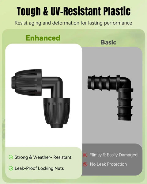 Comparison of enhanced and basic barb elbow in drip irrigation fittings, highlighting tough UV-resistant plastic and locking nuts.