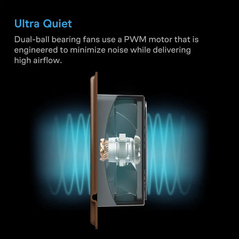 Side view of Bronze AIRTAP T4 Register Booster Fan For 4x12 Vents With Thermostat Control illustrating ultra-quiet feature.
