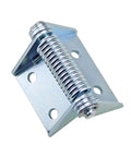 Industrial self-closing spring hinge on metal mounting plate with coil tension spring