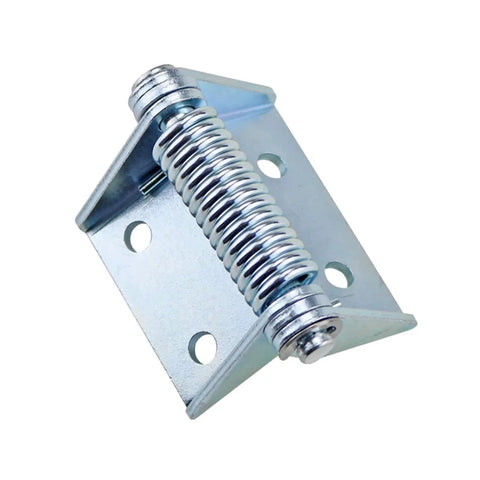 Industrial self-closing spring hinge on metal mounting plate with coil tension spring