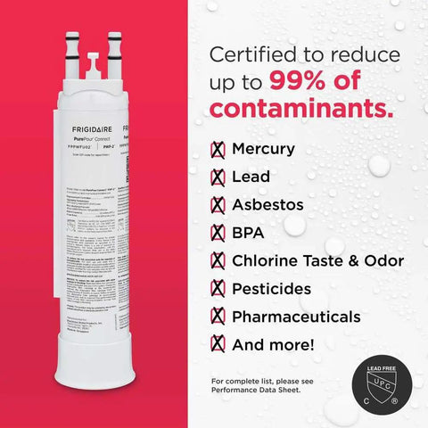 PurePour Connect PWF-2 Water And Ice Refrigerator Filter with 99 Percent Contaminants Reduction, white filter on red background