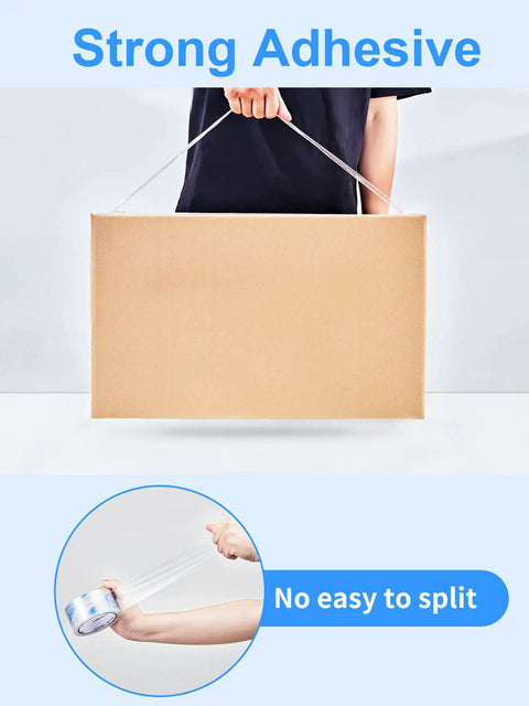Person holding a sealed box with strong adhesive tape, showcasing Heavy Duty Packing Tape 12 Roll Set Clear 2.7 Mil.