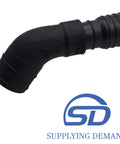 Curved black Washer Drain Hose Replacement For W11035296 And W10786886, flexible material, angled detail with logo.