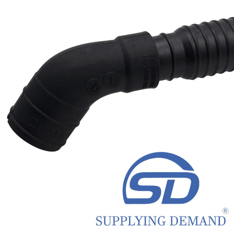 Curved black Washer Drain Hose Replacement For W11035296 And W10786886, flexible material, angled detail with logo.