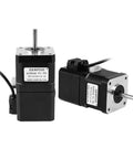 Two black HANPOSE 42HS40-YC-PD NEMA17 stepper motors with metal shafts, front and side views