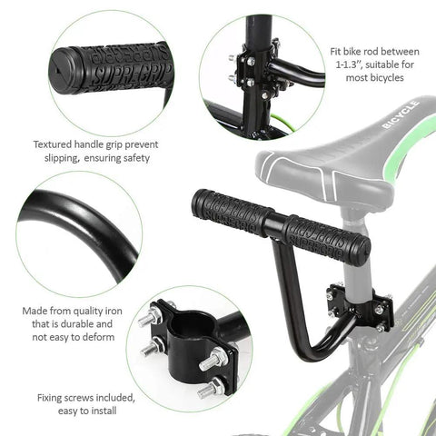 Rear Seat Armrest For Bikes With Non Slip Handlebar Grip Bend Design Grip Friendly Slip Resistant Comfort For Mountain And Road Bikes Durable Iron Construction Safe And Chill Ride. Textured grip and durable iron installation on bicycle.