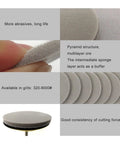 Top Shelf 10Pc Flocking Sanding Discs With Hook And Loop Backing For 75mm Sander showing pyramid structure and sponge layer details.