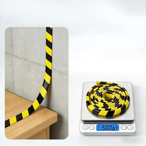 Hella Durable Foam Wall Corner Guards 197 Inches Yellow Black Stripes on edge of furniture and scale for measuring.