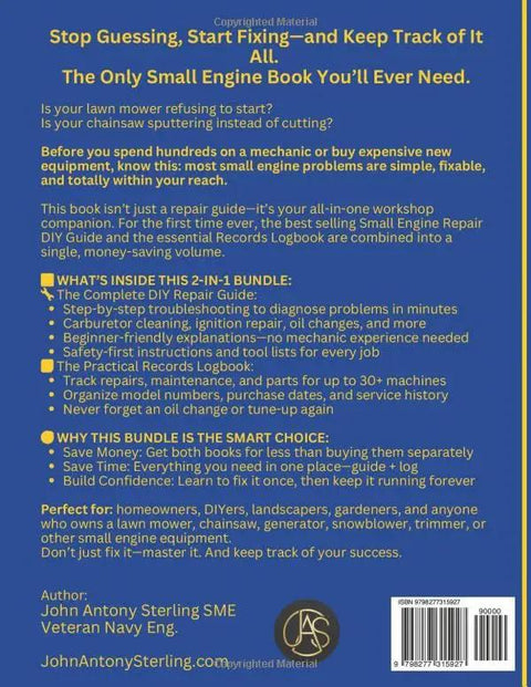 Back cover of Small Engine Repair Manual And Maintenance Logbook Two In One DIY Guide with troubleshooting steps and features.