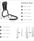 Heavy Duty Bike Wall Mount With Fixed Hook 2 Pack Iron Bike Hanger Brackets For Garage Vertical Storage Rack To Easily Hang And Detach Screws Included Sturdy Wall Mounting System For Secure Bike Storage, includes measurements and screws